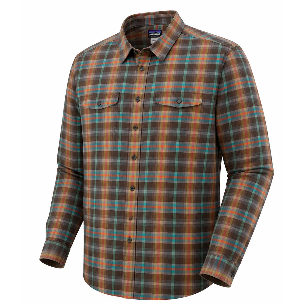 Patagonia Buckshot Shirt Mens L Plaid L/S Button Up Brown Green EUC